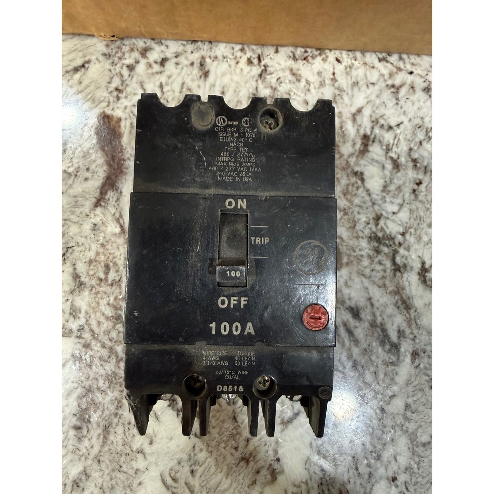 GE 100A 3 Pole 480/277V HACR Type TEY Circuit Breaker D851